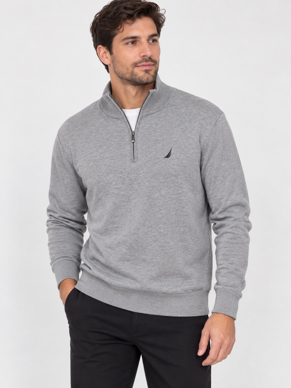 Nautica Men’s Light Gray Quarter-Zip Sweater with Logo